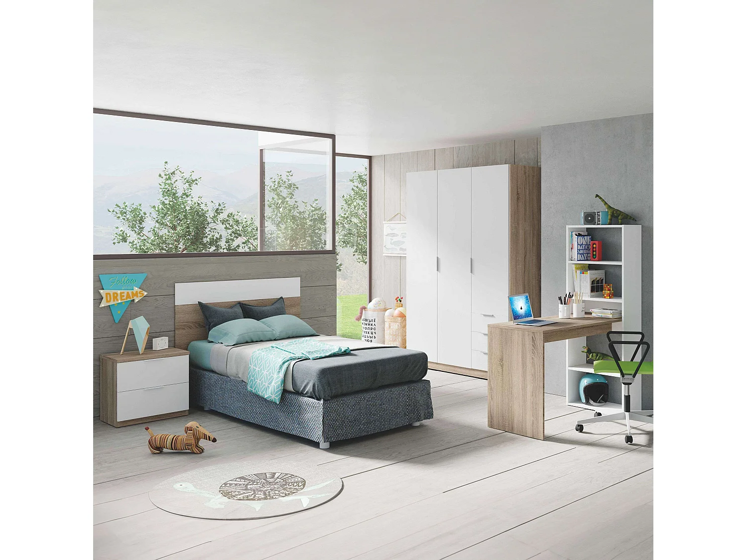 Pack Dormitorio Juvenil (Cabezal+Mesita+Mesa+Estantería+Armario) Blanco/Roble