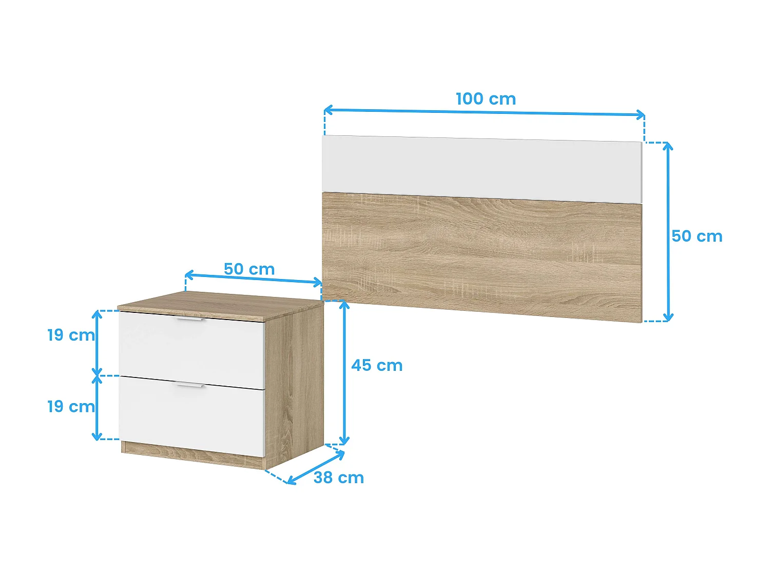 Pack Dormitorio Juvenil (Cabezal+Mesita+Mesa+Estantería+Armario) Blanco/Roble