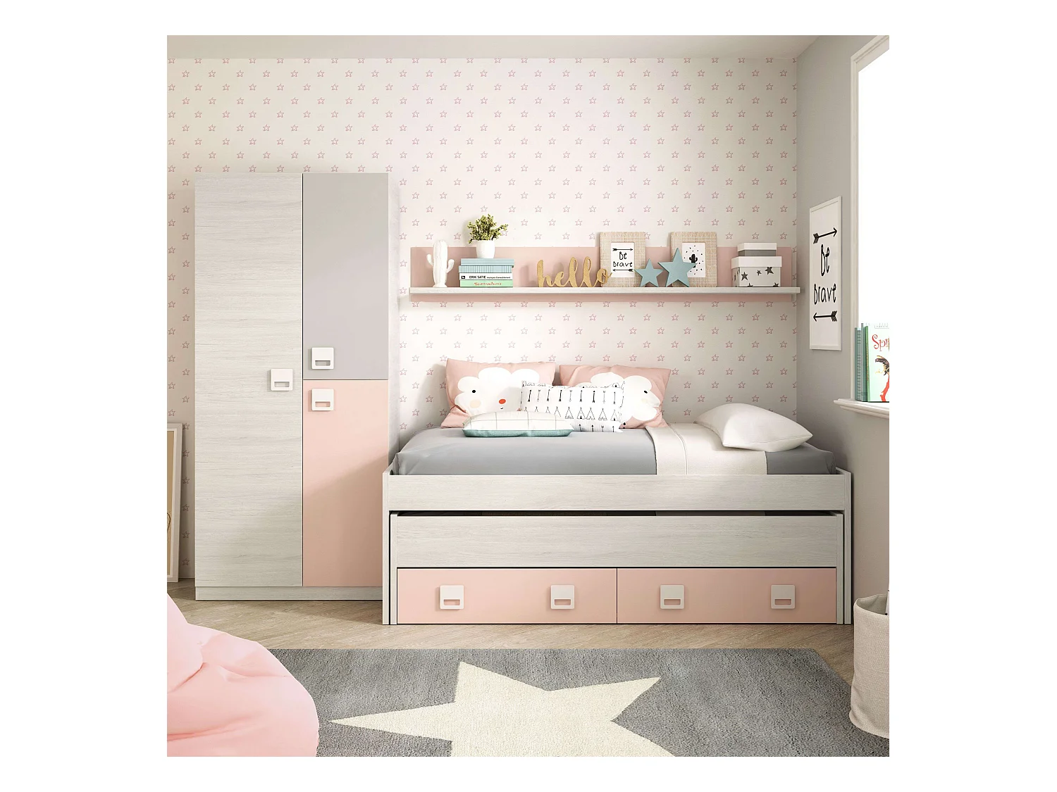 Pack Dormitorio Infantil Cama Nido con Estante y Armario Rosa/Blanco