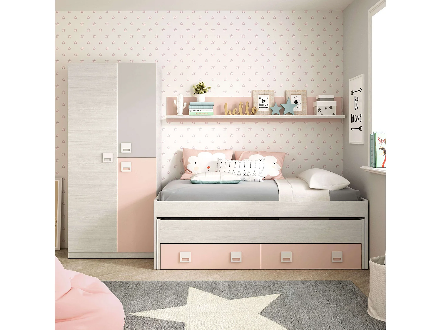 Pack Dormitorio Infantil Cama Nido con Estante y Armario Rosa/Blanco