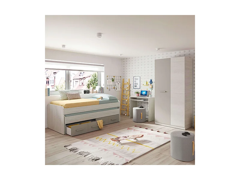Pack Hab. Juvenil: cama Nido + armario + escritorio con somieres Blanco/Basalto