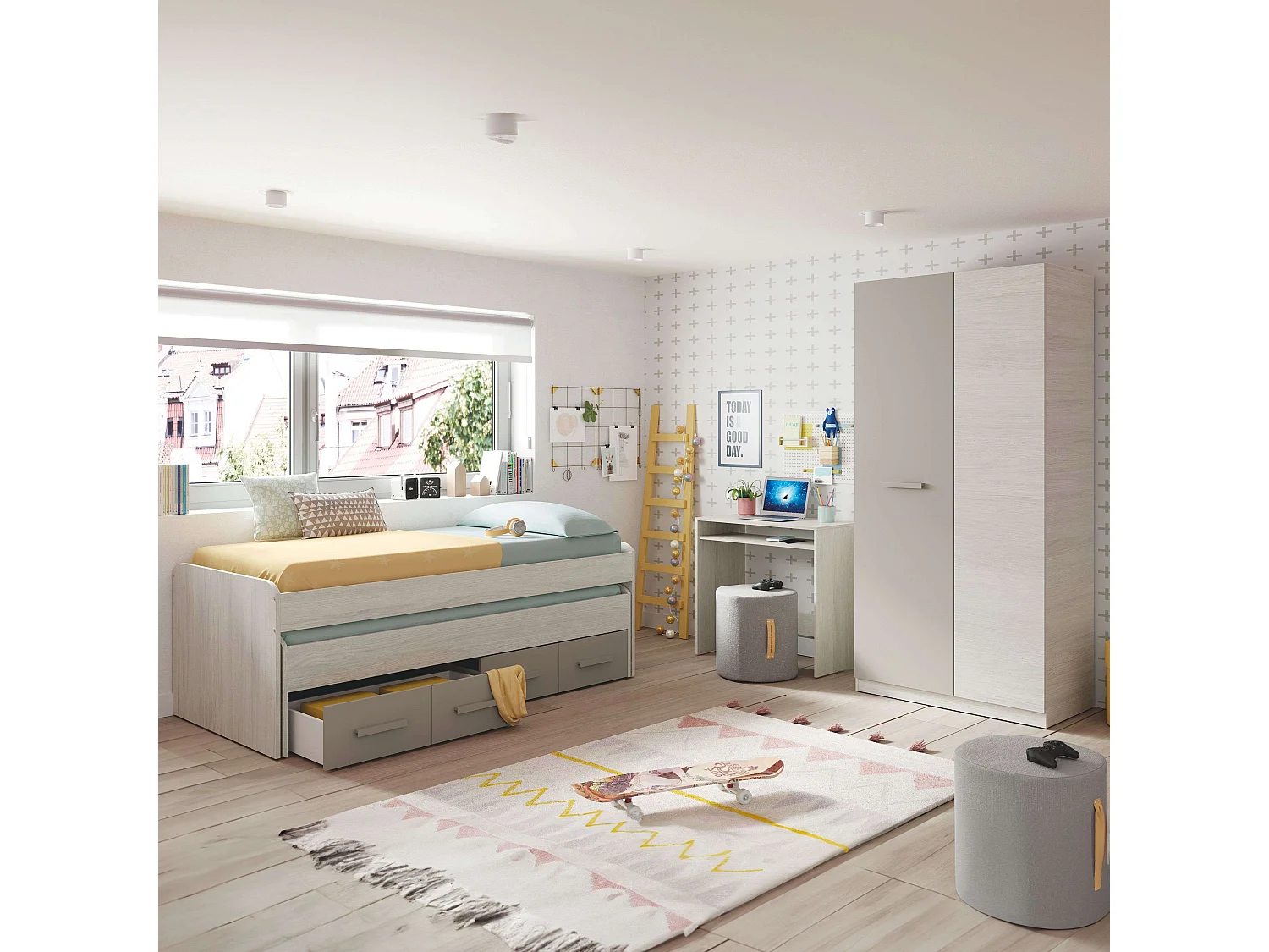 Pack Hab. Juvenil: cama Nido + armario + escritorio con somieres Blanco/Basalto