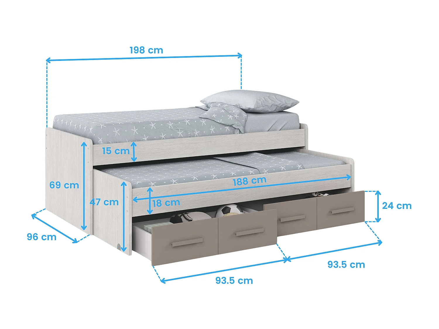 Pack Hab. Juvenil: cama Nido + armario + escritorio con somieres Blanco/Basalto