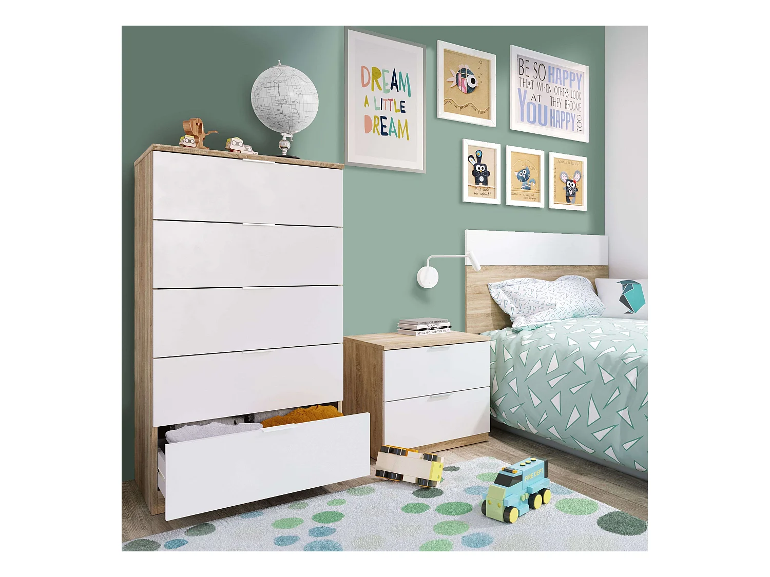 Conjunto de quarto infantil jovem em branco fosco Artik e carvalho canadense completo