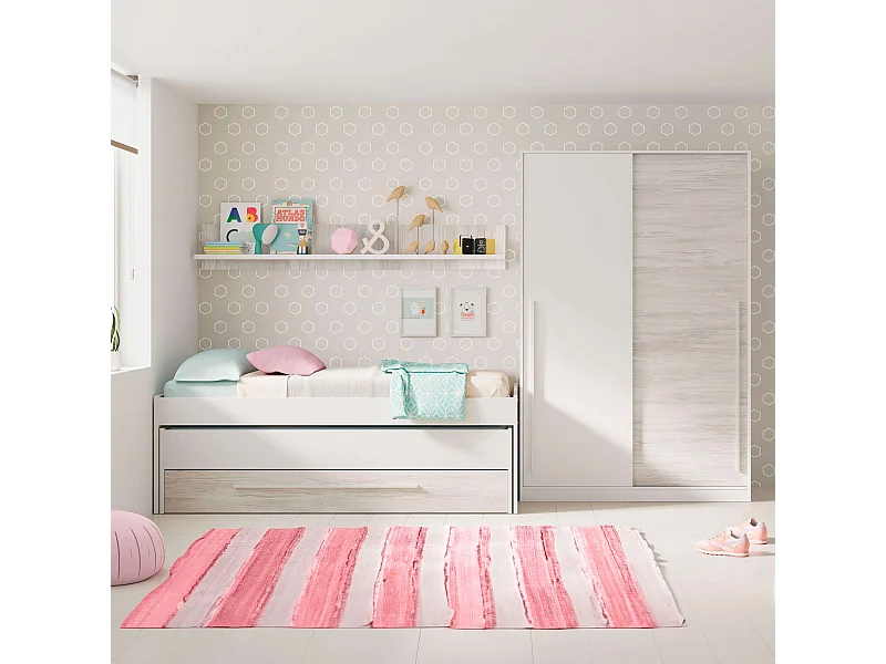 Pack Muebles Infantil Elliot: cama Nido+estantería+armario+somieres 90x190cm