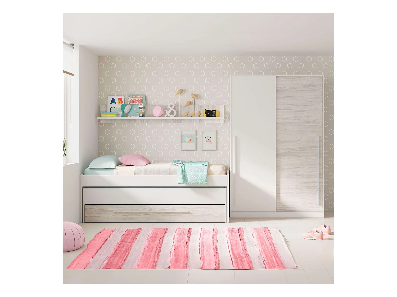Pack Muebles Infantil Elliot: cama Nido+estantería+armario+somieres 90x190cm