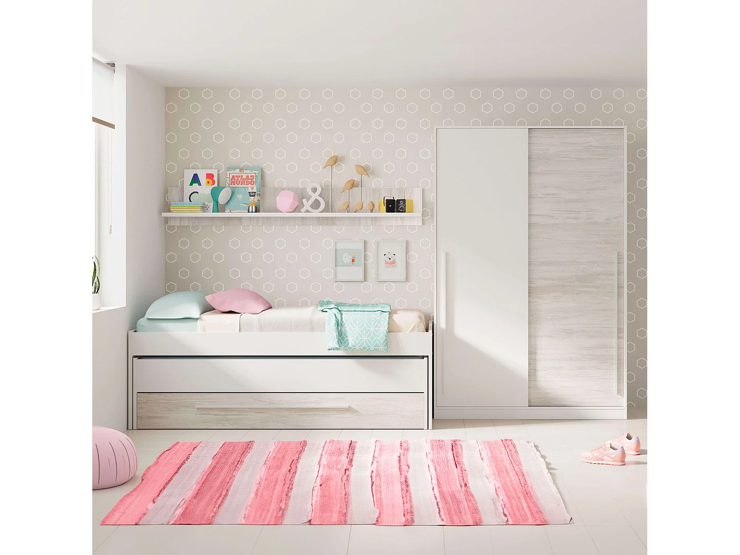 Pack Muebles Infantil Elliot: cama Nido+estantería+armario+somieres 90x190cm