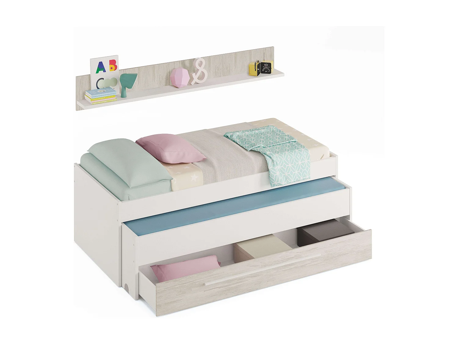 Pack Muebles Infantil Elliot: cama Nido+estantería+armario+somieres 90x190cm