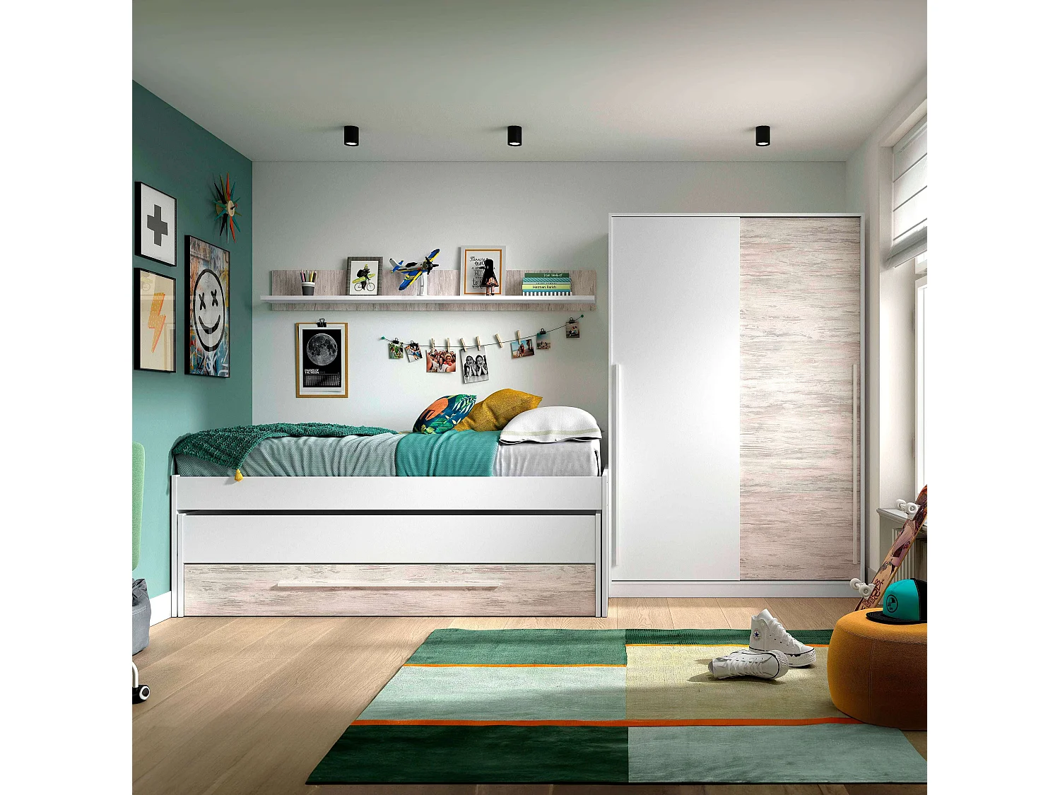 Pack Muebles Infantil Elliot: cama Nido+estantería+armario+somieres 90x190cm