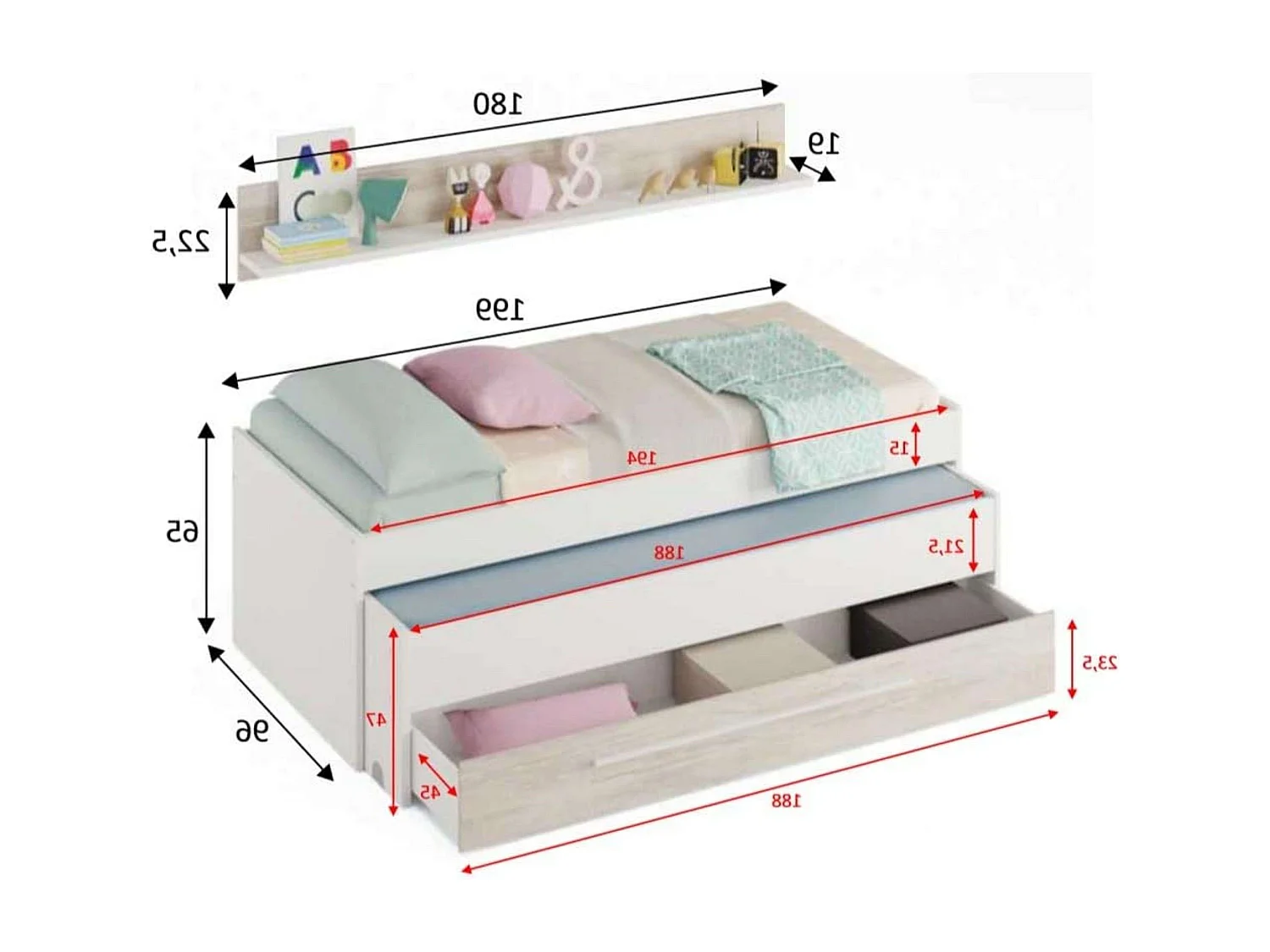 Pack Muebles Infantil Elliot: cama Nido+estantería+armario+somieres 90x190cm