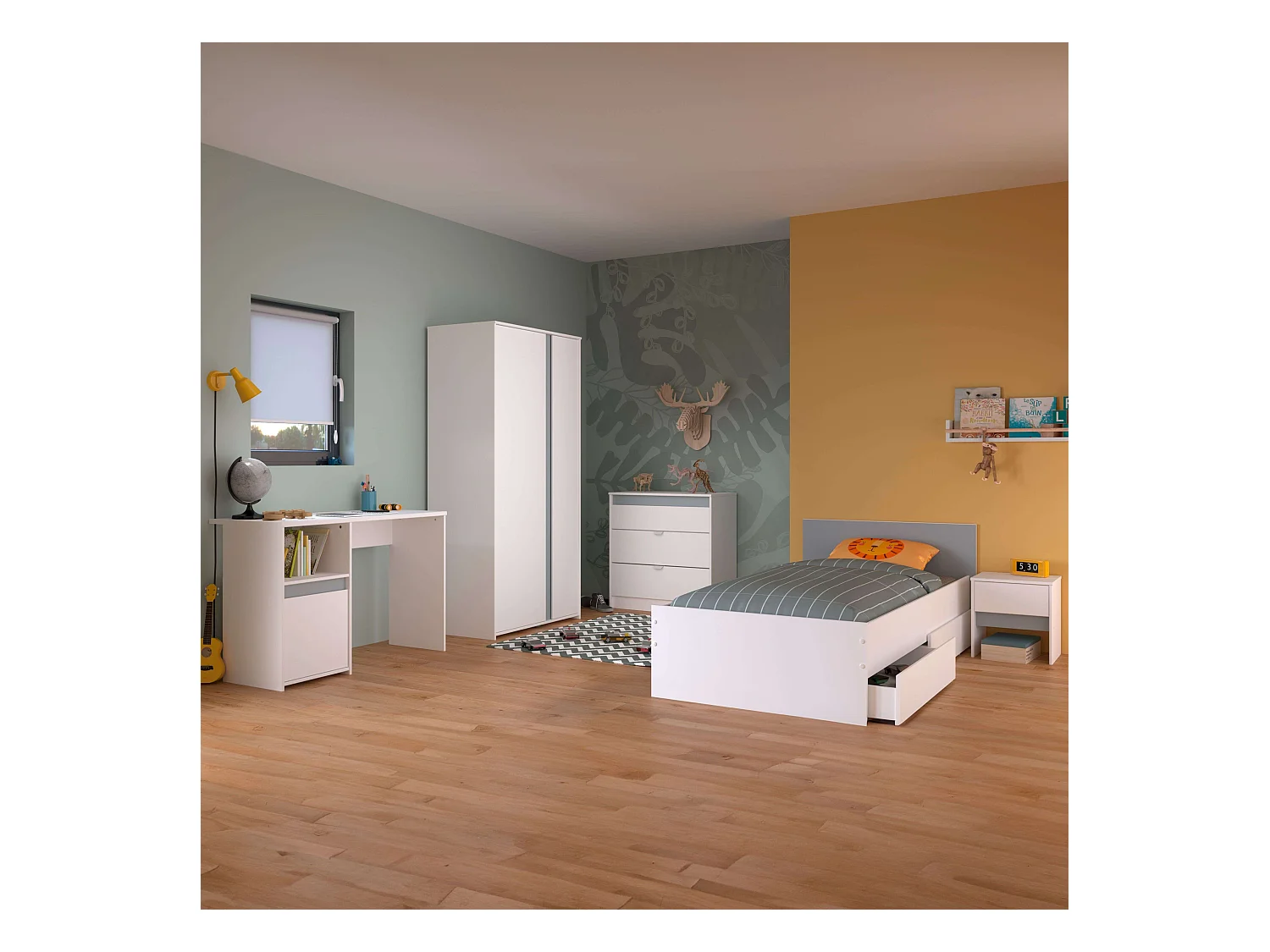 Germain Dormitorio Juvenil: Cama, Arm. 2 Ptas, Escritorio, Cómoda