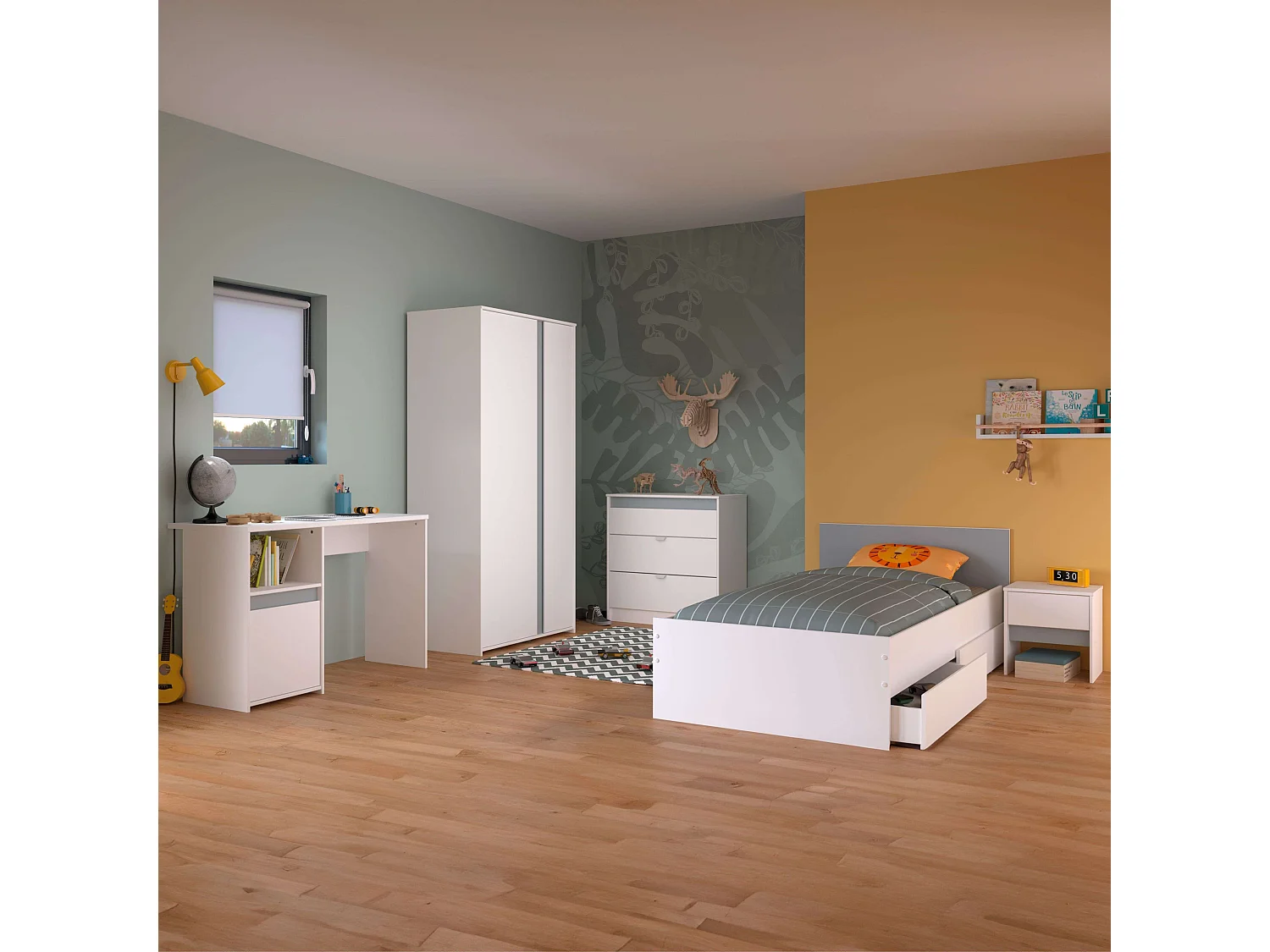 Germain Dormitorio Juvenil: Cama, Arm. 2 Ptas, Escritorio, Cómoda