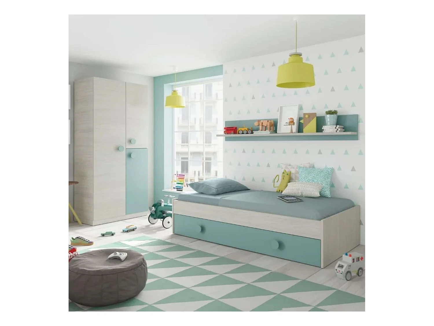 Pack Muebles Dormitorio Juvenil Cama Nido Estante y Armario 90x190 cm