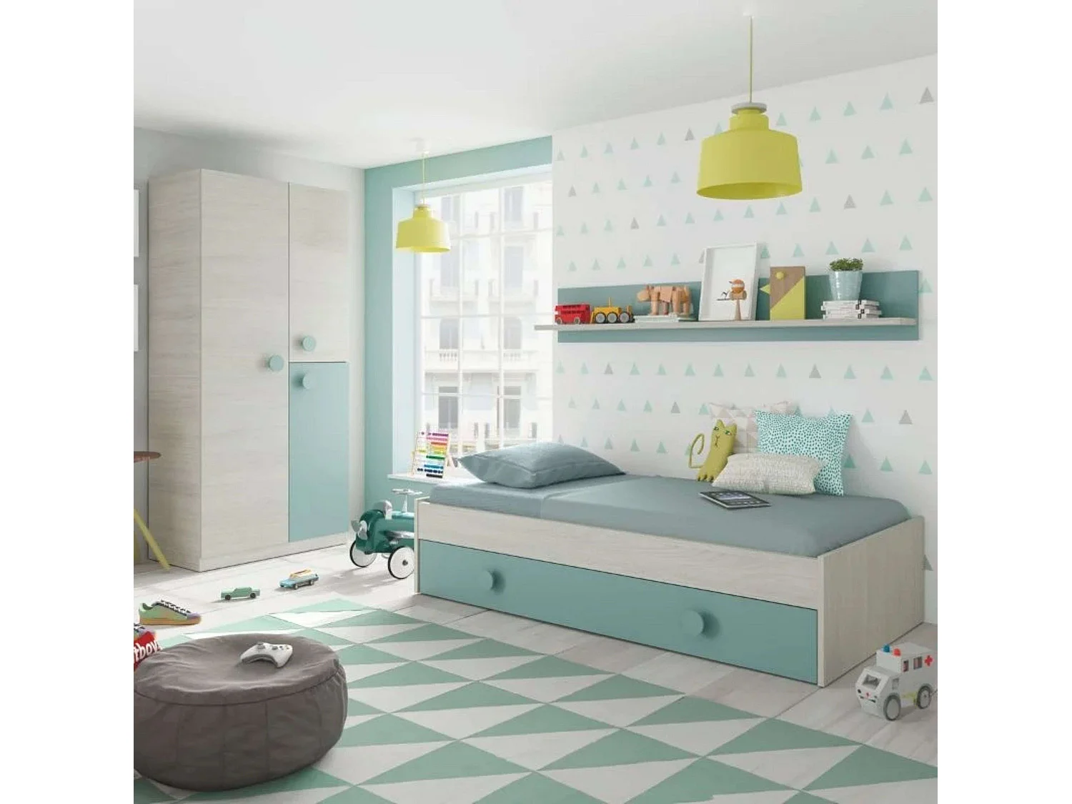 Pack Muebles Dormitorio Juvenil Cama Nido Estante y Armario 90x190 cm