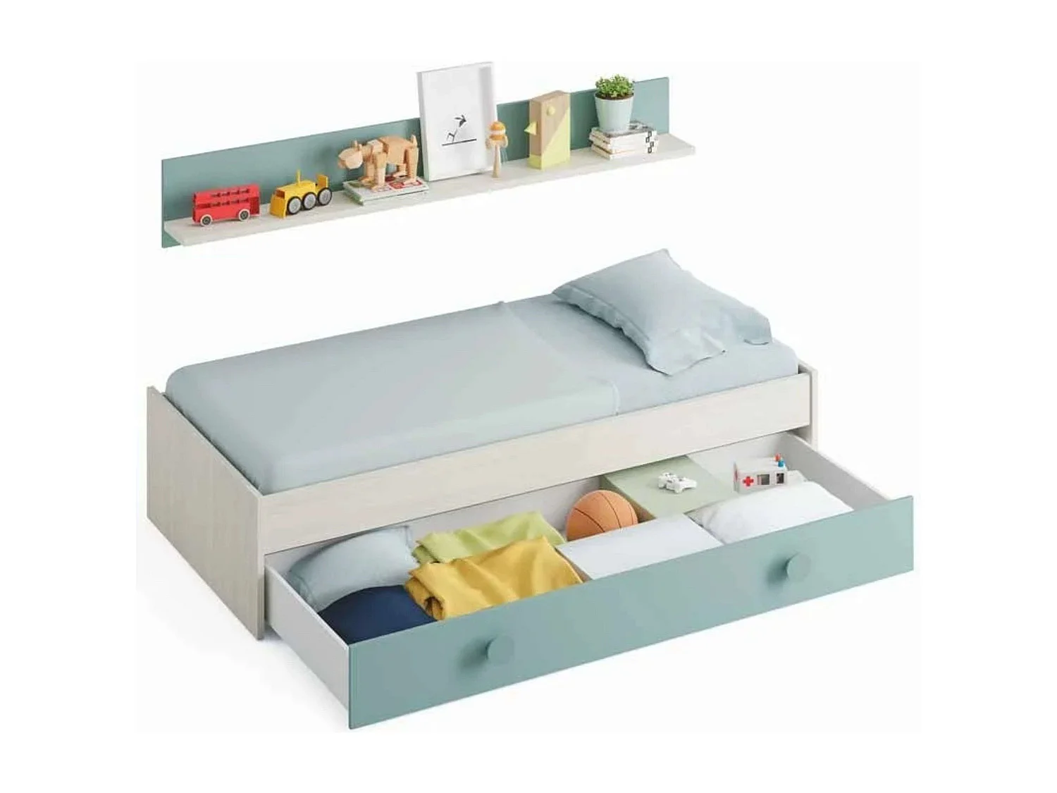 Pack Muebles Dormitorio Juvenil Cama Nido Estante y Armario 90x190 cm