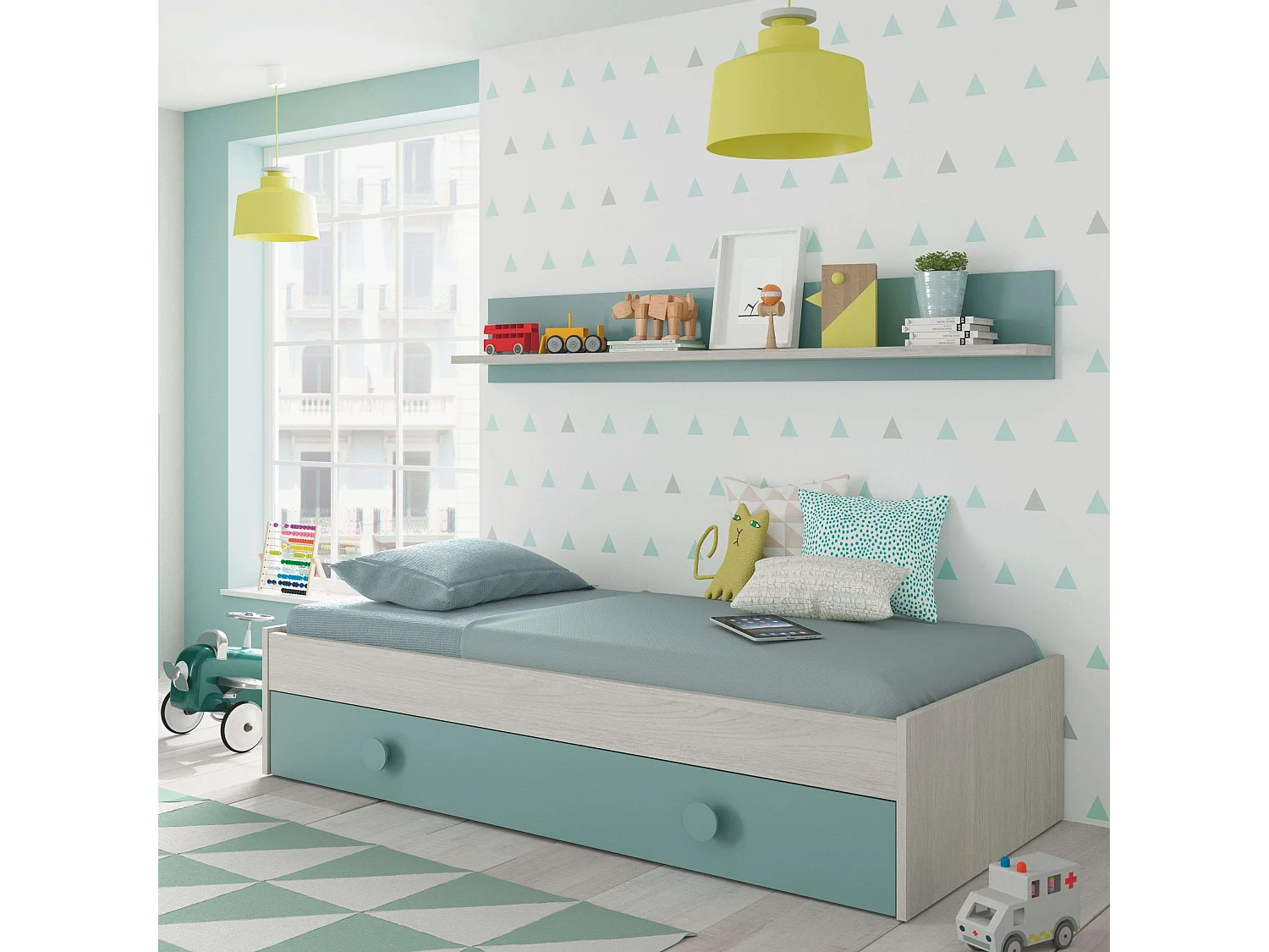 Pack Muebles Dormitorio Juvenil Cama Nido Estante y Armario 90x190 cm