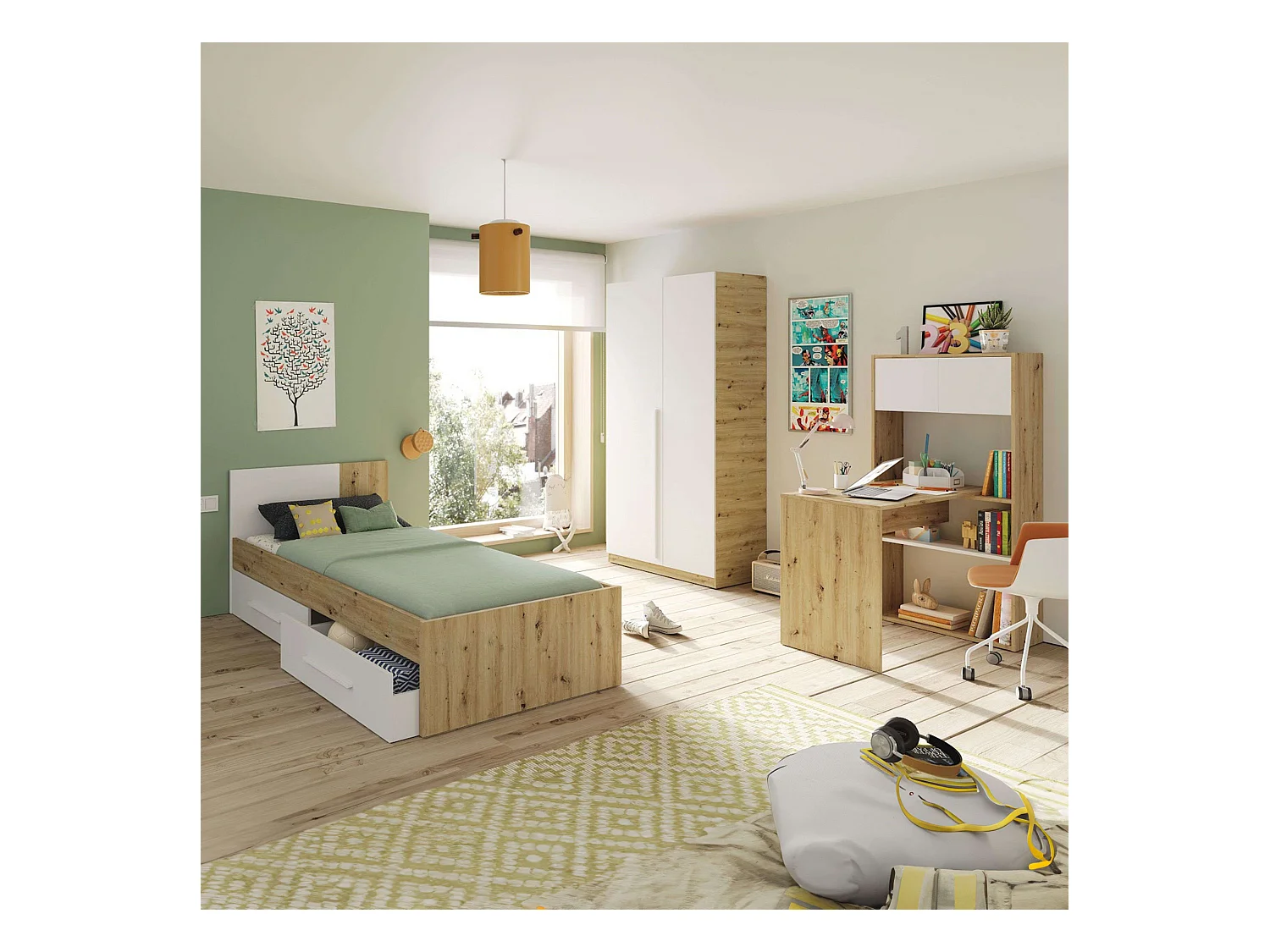 Conjunto Muebles Dormitorio Juvenil Melamina Roble Nodi Blanco Artik