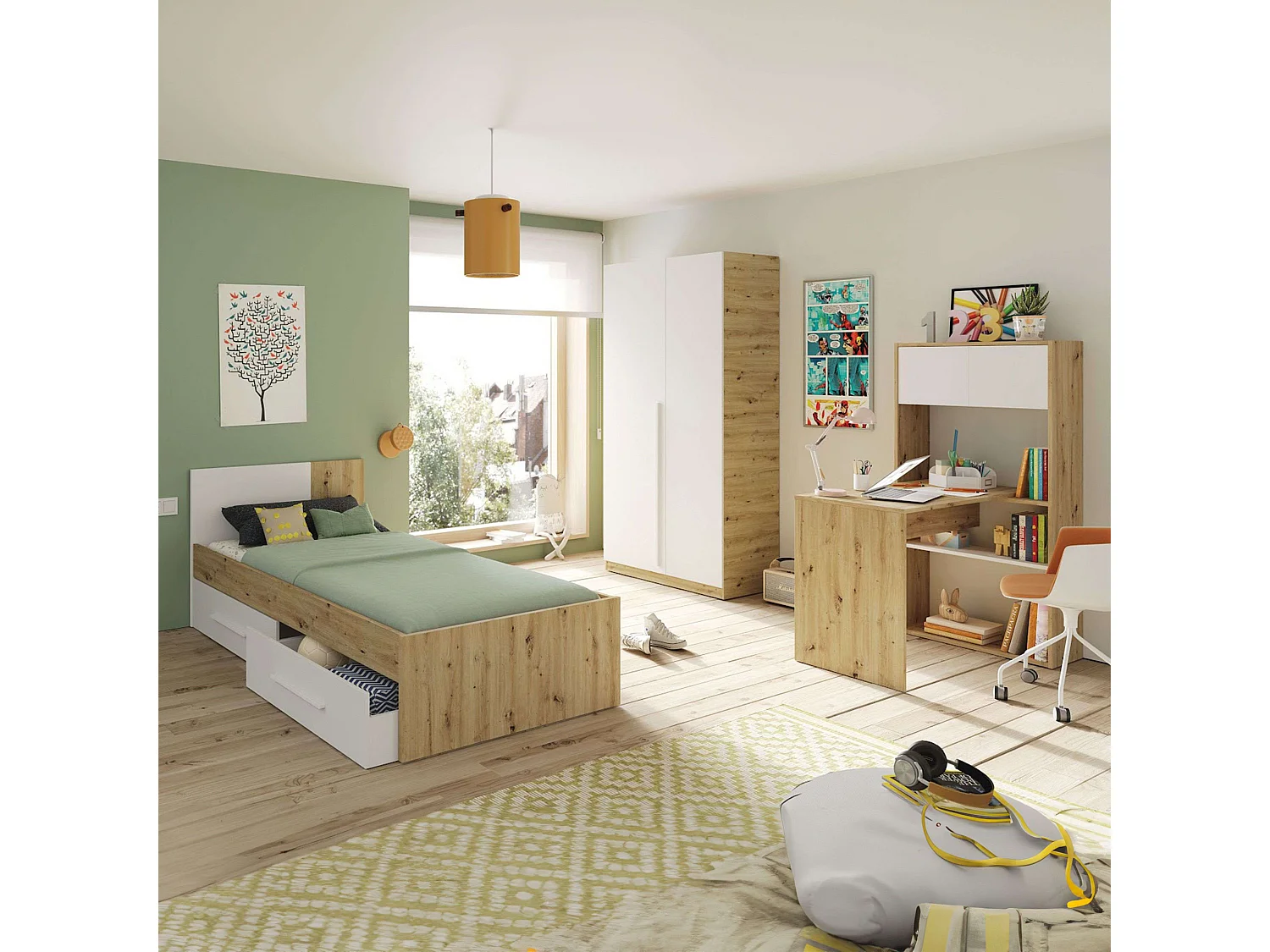 Conjunto Muebles Dormitorio Juvenil Melamina Roble Nodi Blanco Artik
