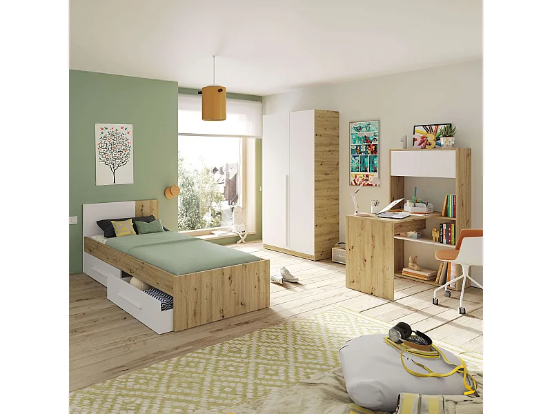Conjunto Muebles Dormitorio Juvenil Melamina Roble Nodi Blanco Artik