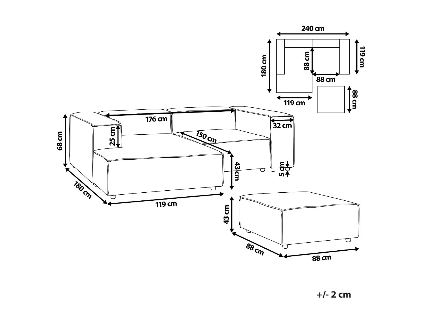 Canapé d'angle modulable 3 places ARDAL Velours côtelé Taupe Côté droit