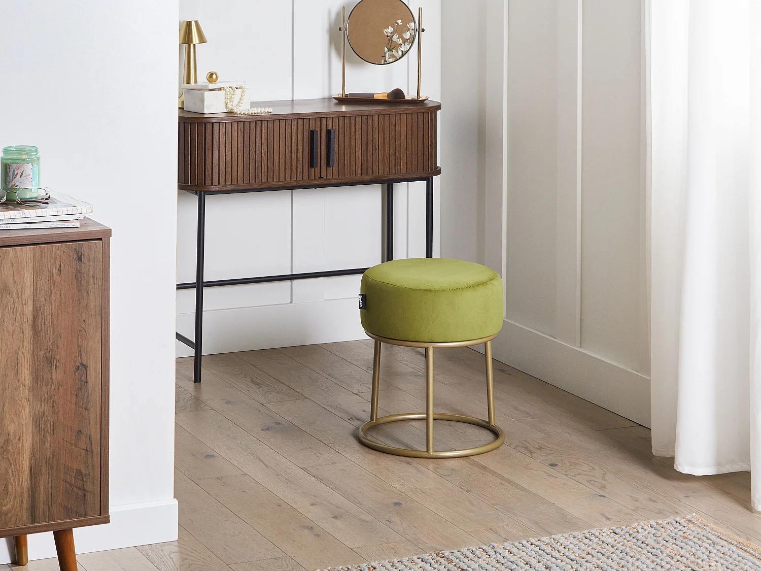 Hocker Samt limettengrün rund 35 cm mit goldenem Metallgestell Sitzpouf Delco