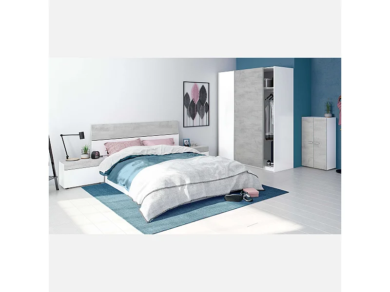 Dormitorio Completo (cabecero + 2 mesitas + armario + zapatero)  Blanco/Cemento