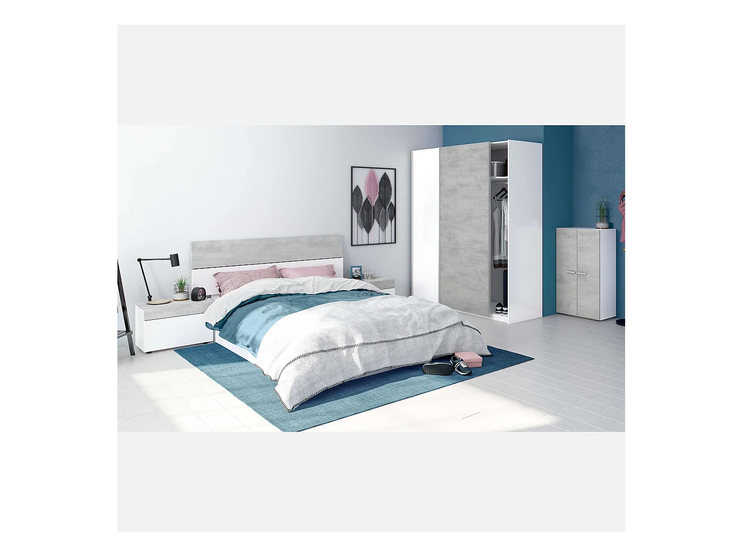 Dormitorio Completo (cabecero + 2 mesitas + armario + zapatero)  Blanco/Cemento