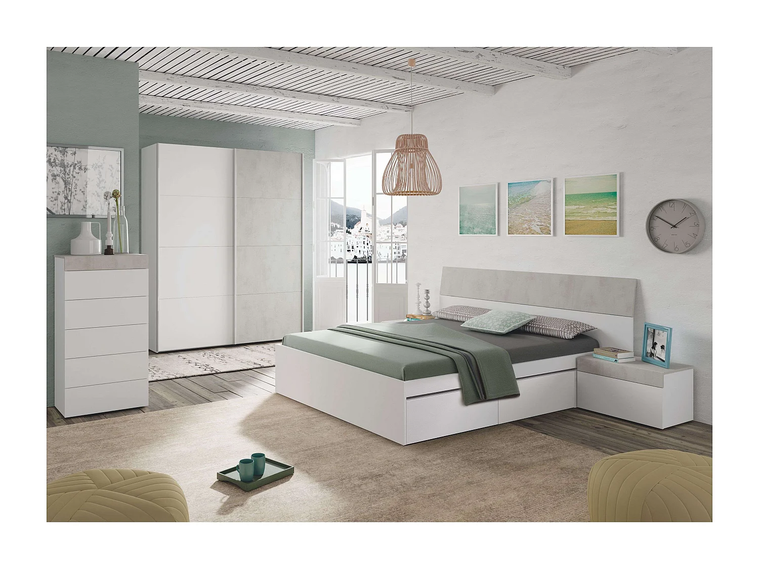 Dormitorio Completo (cabecero + 2 mesitas + armario + zapatero)  Blanco/Cemento