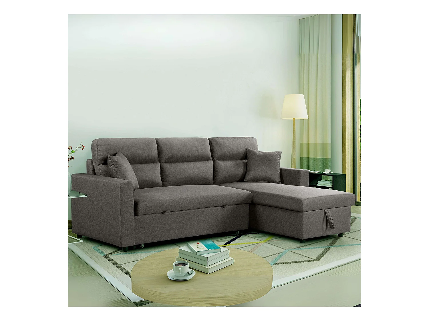 Sofá cama chaise longue Juliet 3 plazas con arcón gris 224x89x145 cm