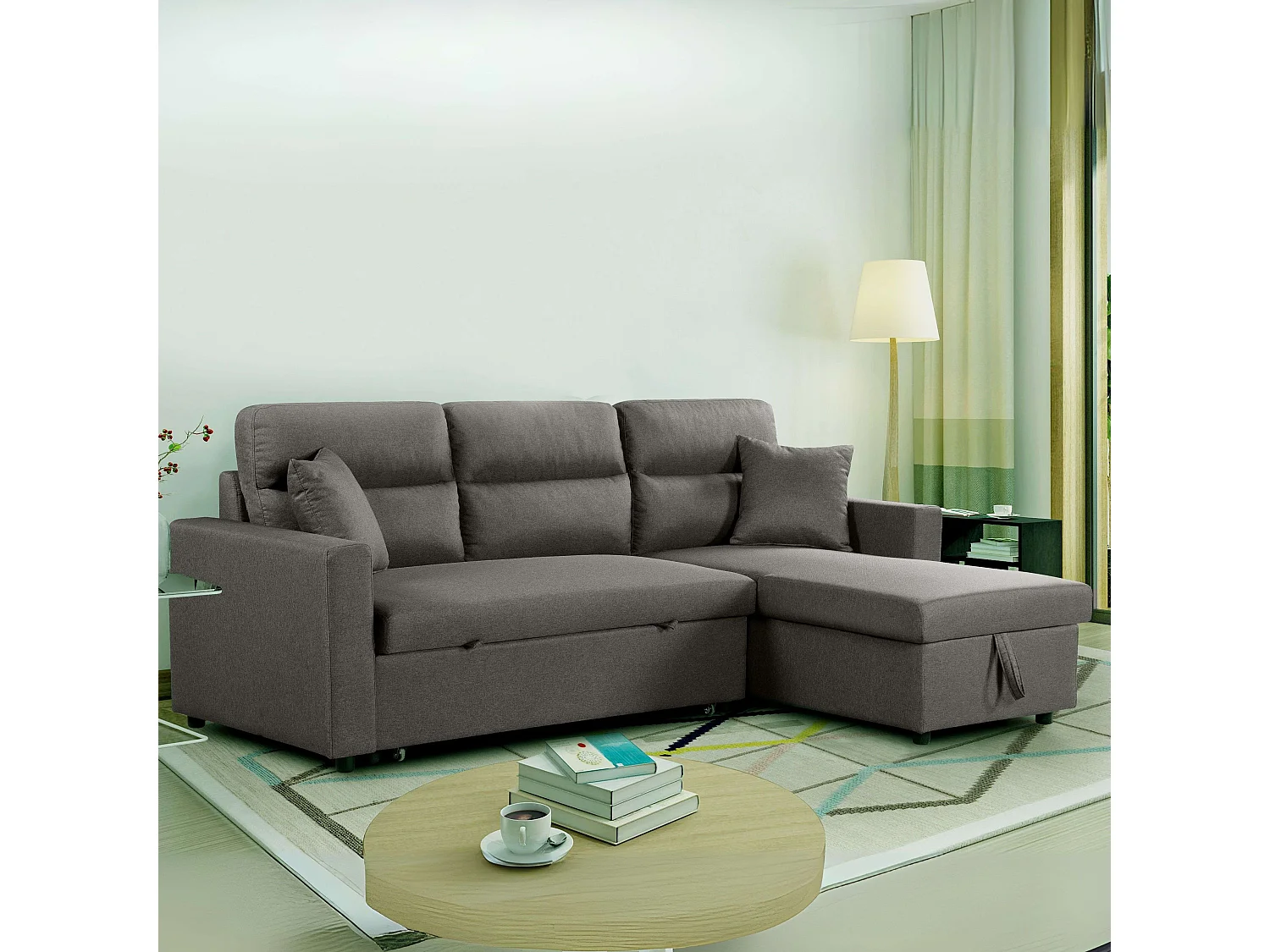 Sofá cama chaise longue Juliet 3 plazas con arcón gris 224x89x145 cm