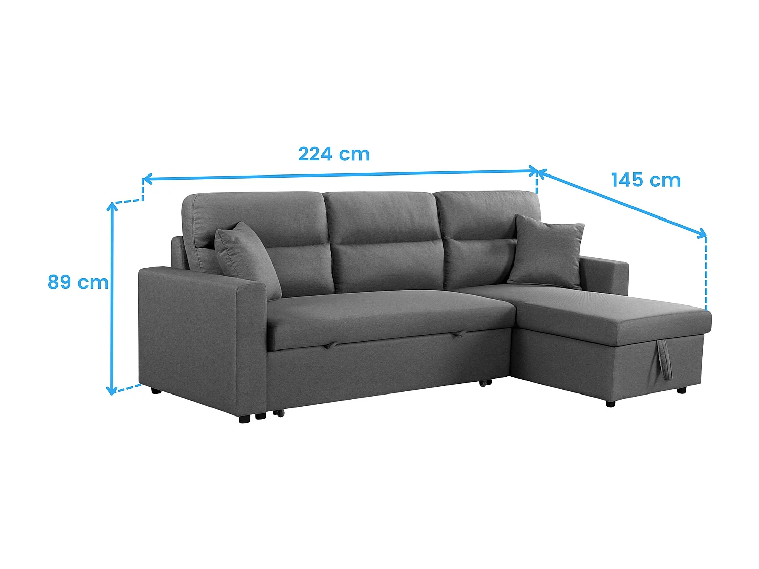 Sofá cama chaise longue Juliet 3 plazas con arcón gris 224x89x145 cm