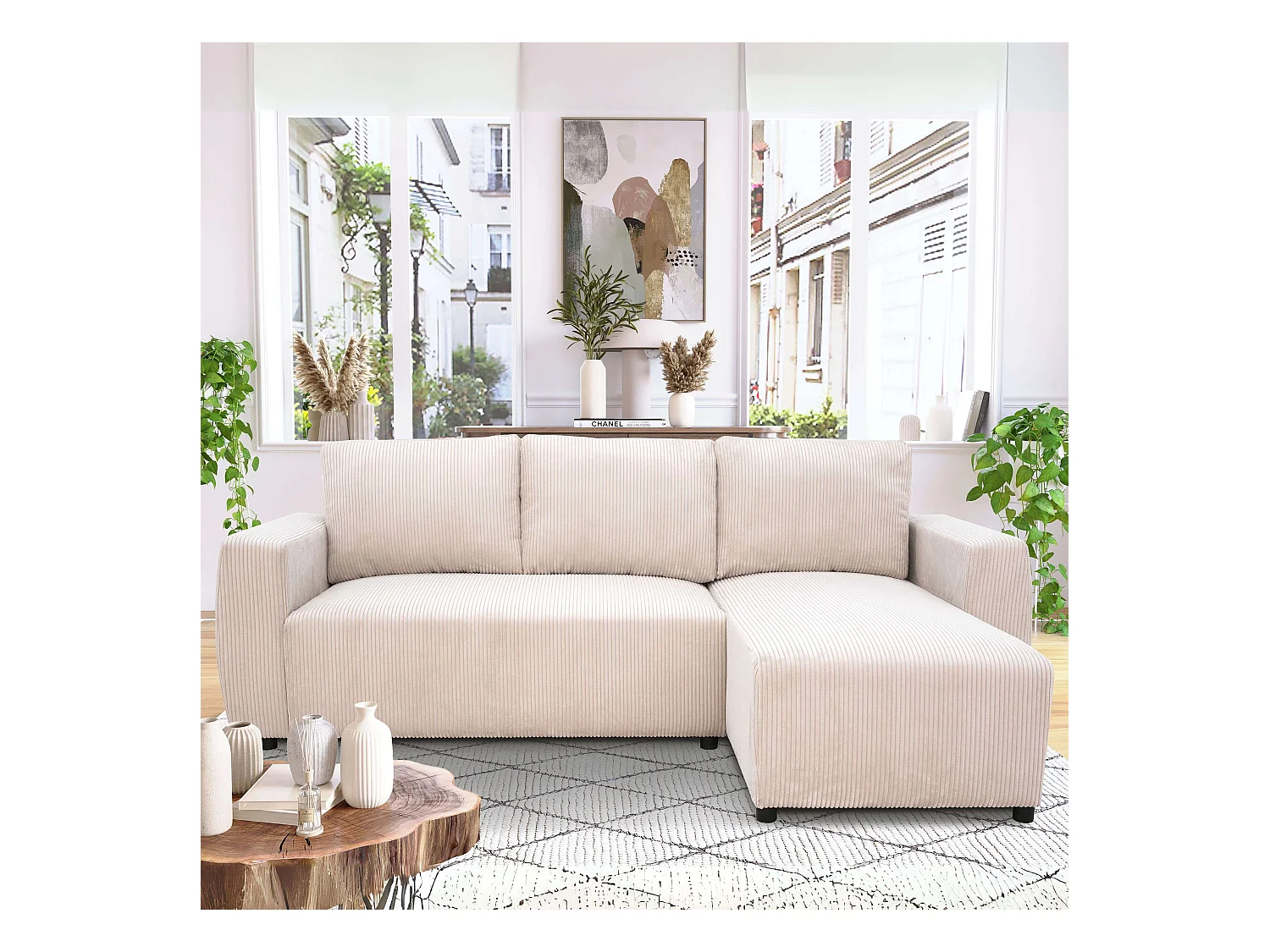 Sofá cama chaise longue Ulises salón beige reversible con arcón 224x84x84 cm