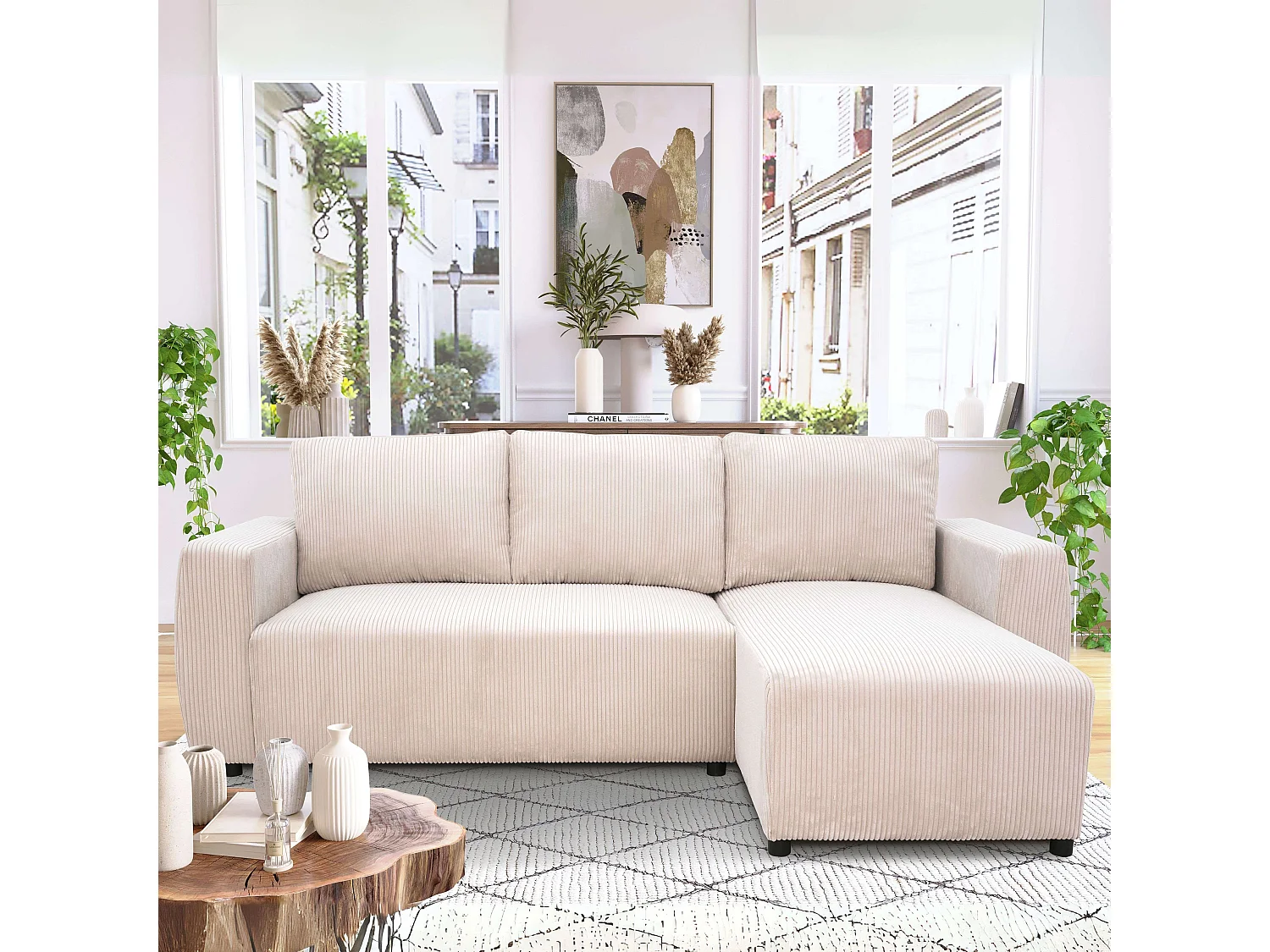 Sofá cama chaise longue Ulises salón beige reversible con arcón 224x84x84 cm