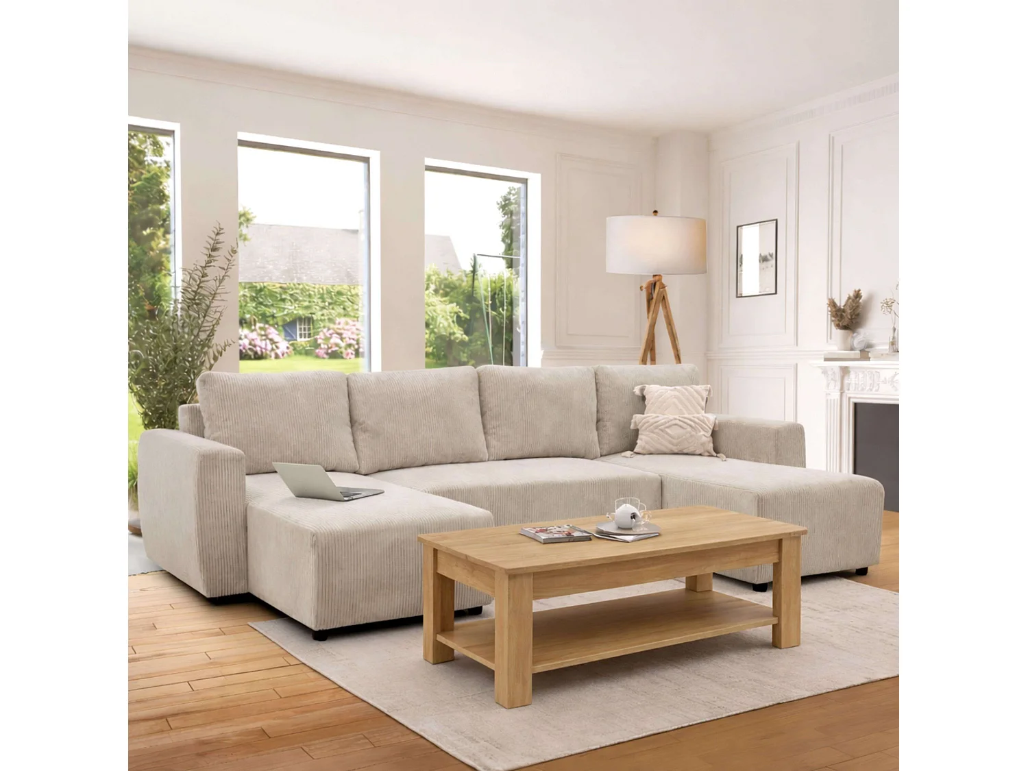 Sofá chaise longue Ulises beige convertible con arcón 297x85x155 cm