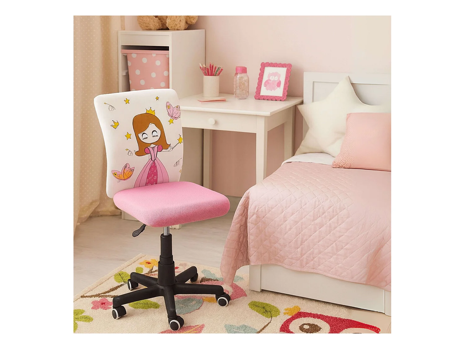 Chaise enfant à roulettes Princesse rose et blanche, feutres, 77 x 39 cm