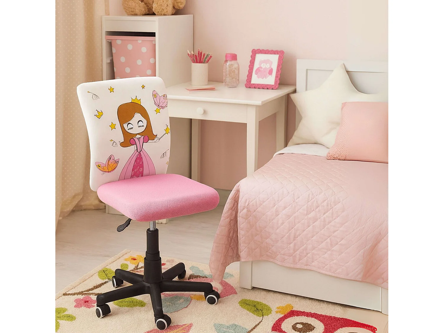 Chaise enfant à roulettes Princesse rose et blanche, feutres, 77 x 39 cm
