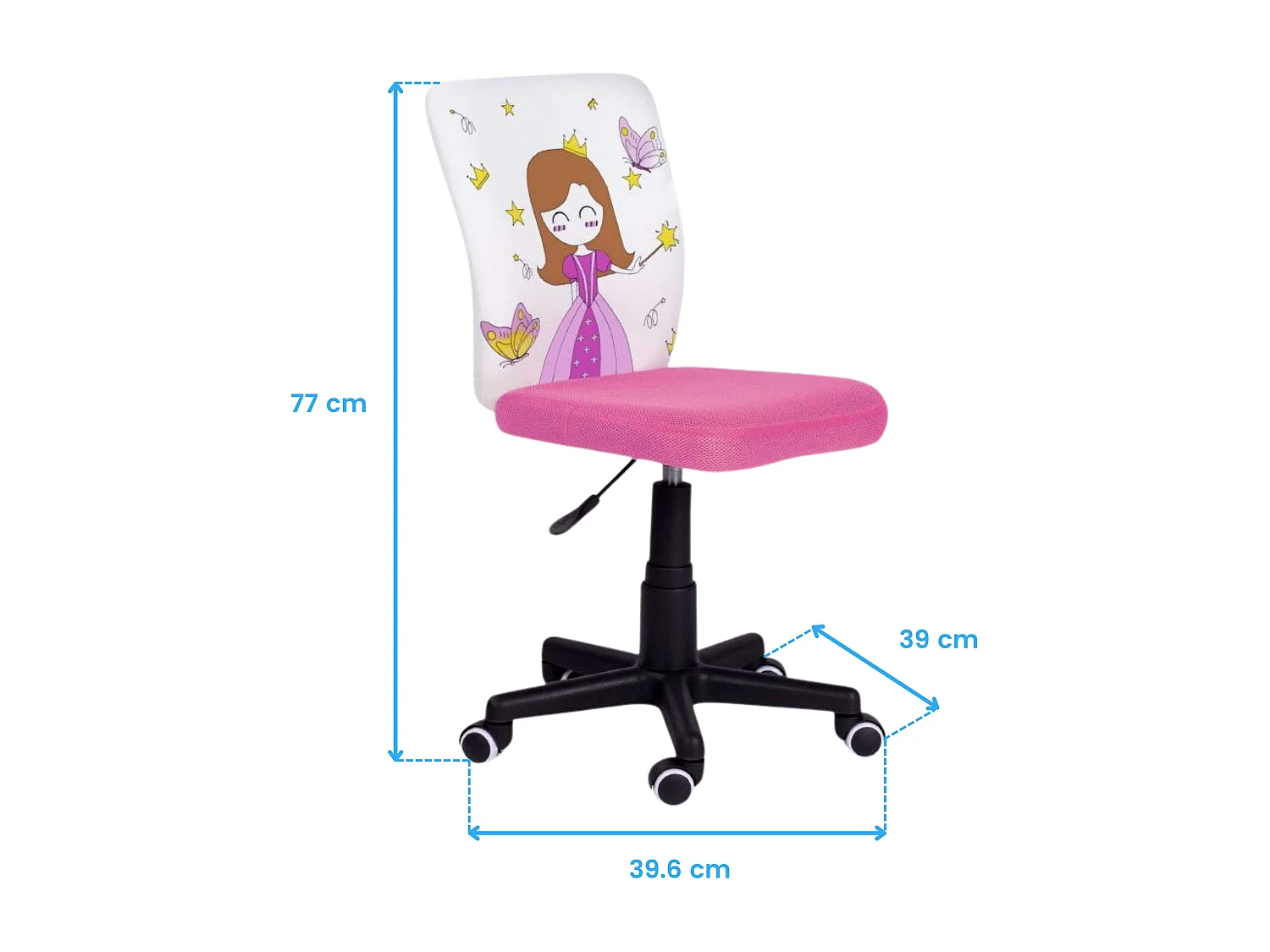 Chaise enfant à roulettes Princesse rose et blanche, feutres, 77 x 39 cm