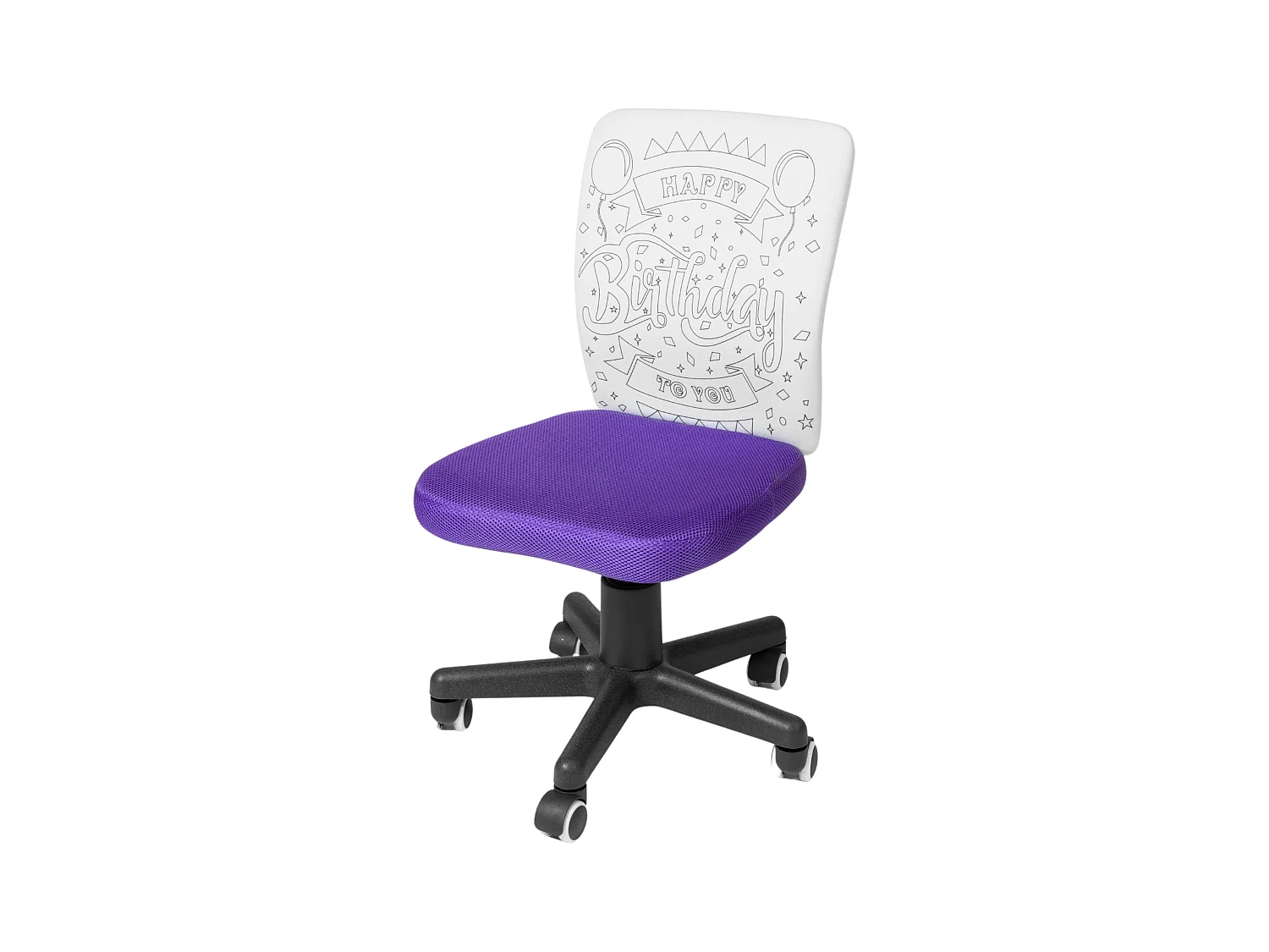 Chaise de bureau violette << Peindre moi anniversaire >> avec feutres pour tissu et métal 41 x 74 x 51 cm