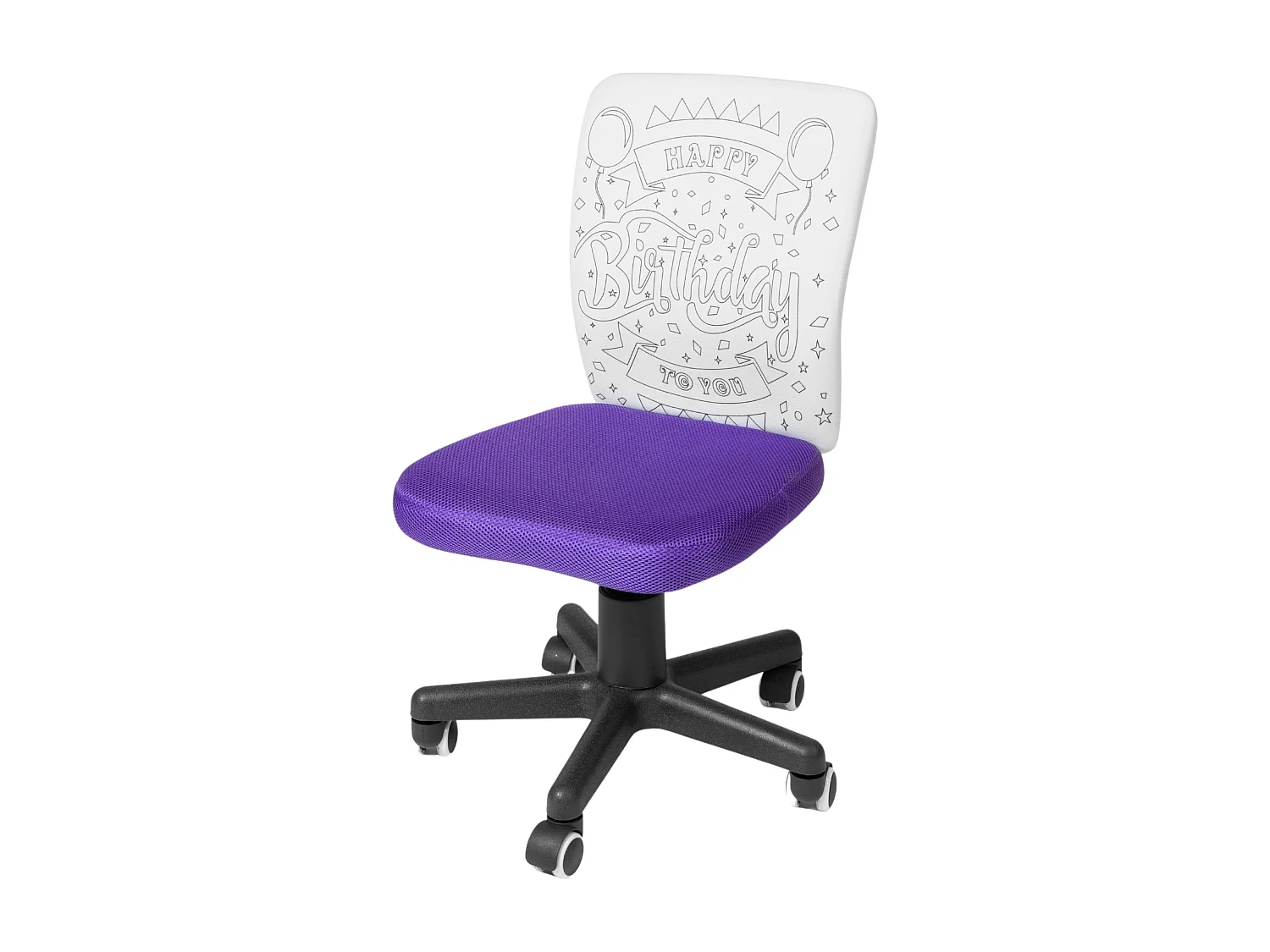Chaise de bureau violette << Peindre moi anniversaire >> avec feutres pour tissu et métal 41 x 74 x 51 cm