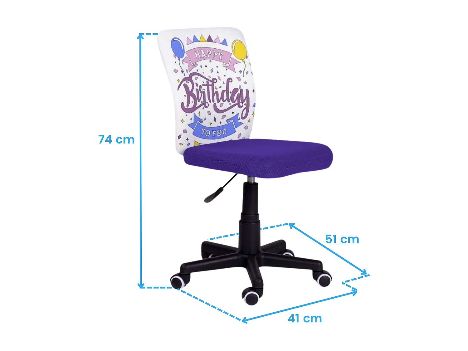 Chaise de bureau violette << Peindre moi anniversaire >> avec feutres pour tissu et métal 41 x 74 x 51 cm