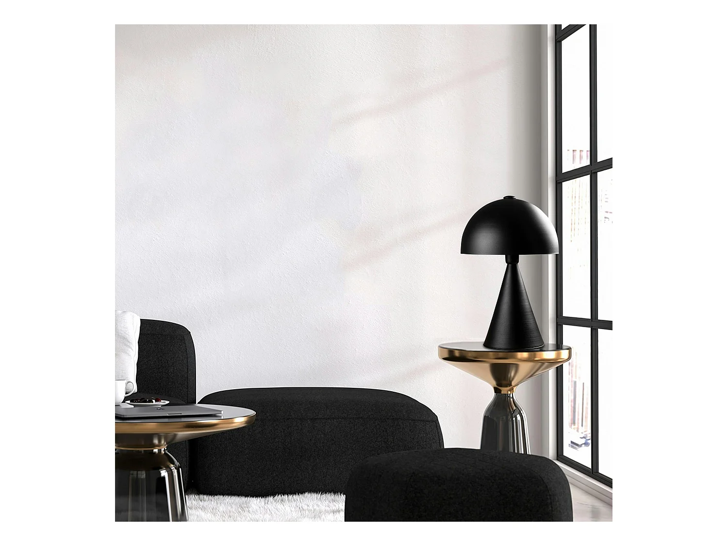 Lampe de table design noire, abat-jour rond vintage SILE