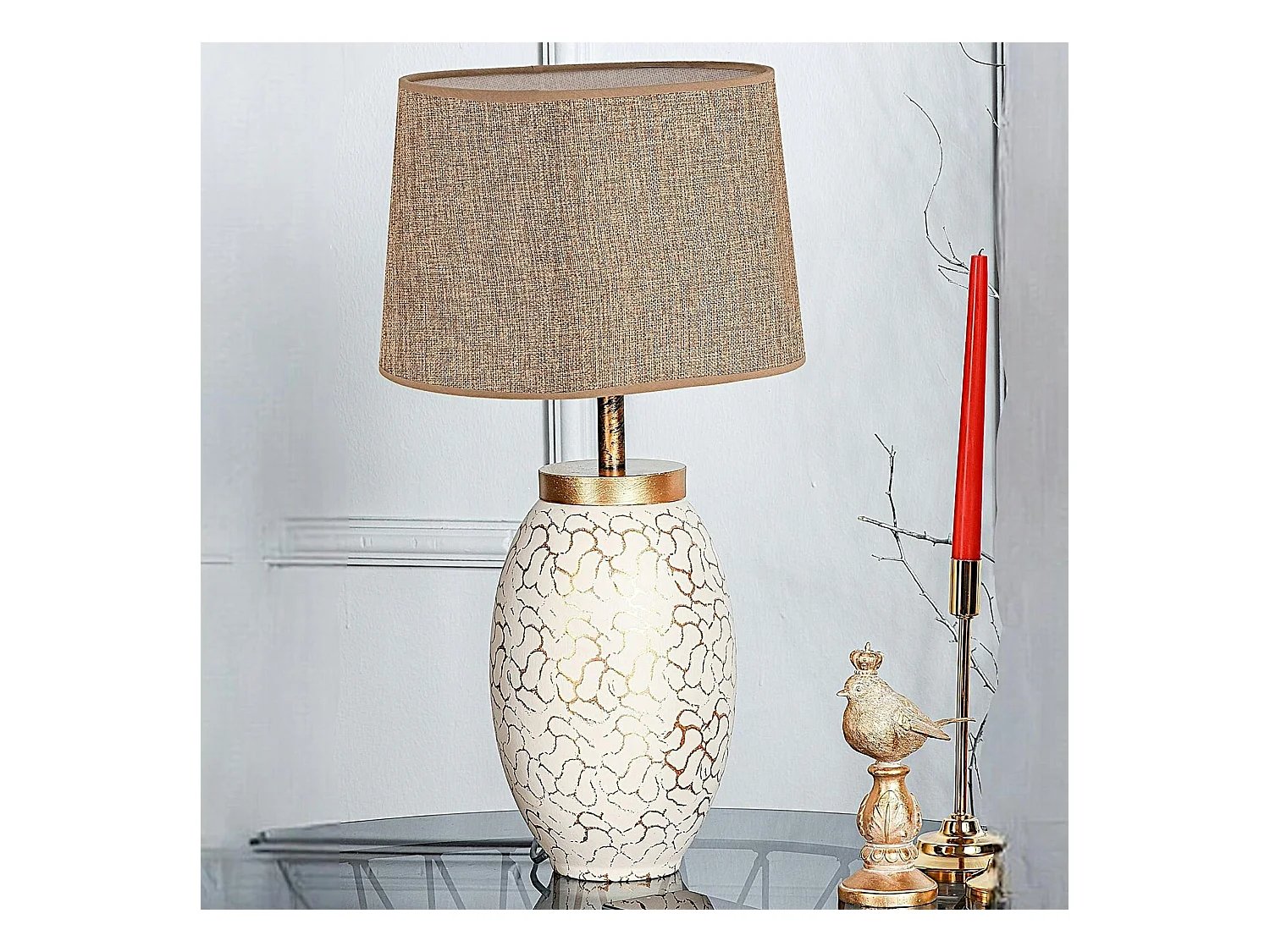 Lampe à poser moderne chic dorée, abat-jour brun chiné KARS