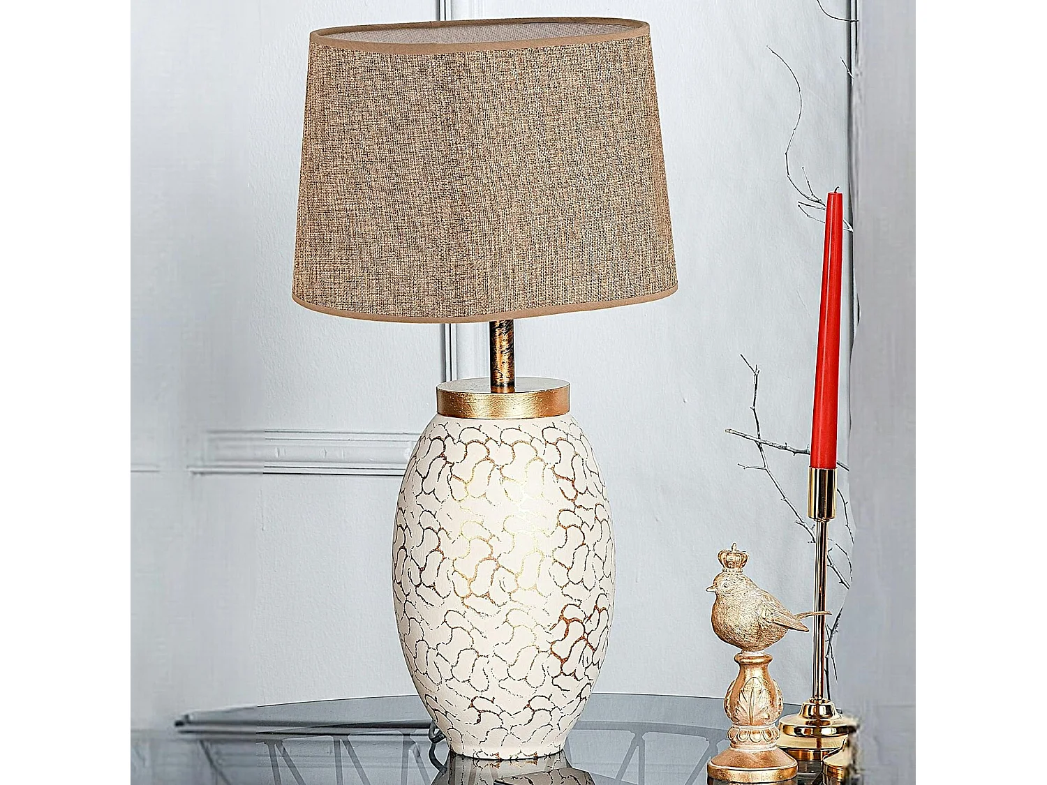 Lampe à poser moderne chic dorée, abat-jour brun chiné KARS