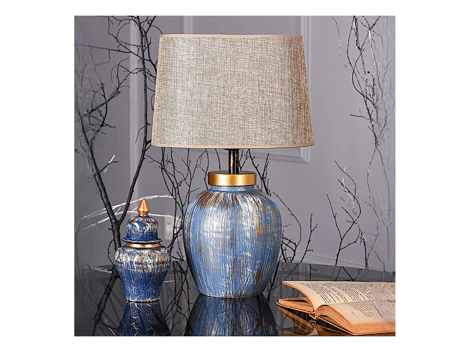 Lampe à poser moderne bleu & or, abat-jour en tissu KARS