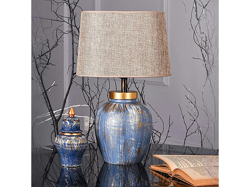 Lampe à poser moderne bleu & or, abat-jour en tissu KARS