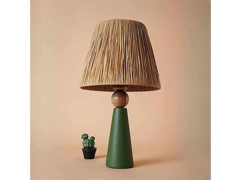 Lampe à poser rustique verte, abat-jour tissu plissé KARS