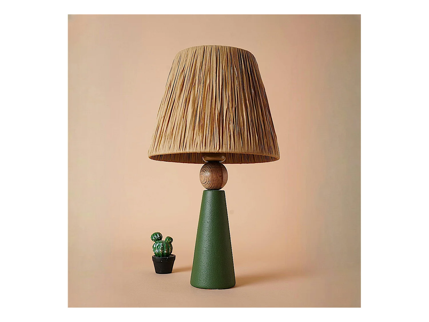 Lampe à poser rustique verte, abat-jour tissu plissé KARS