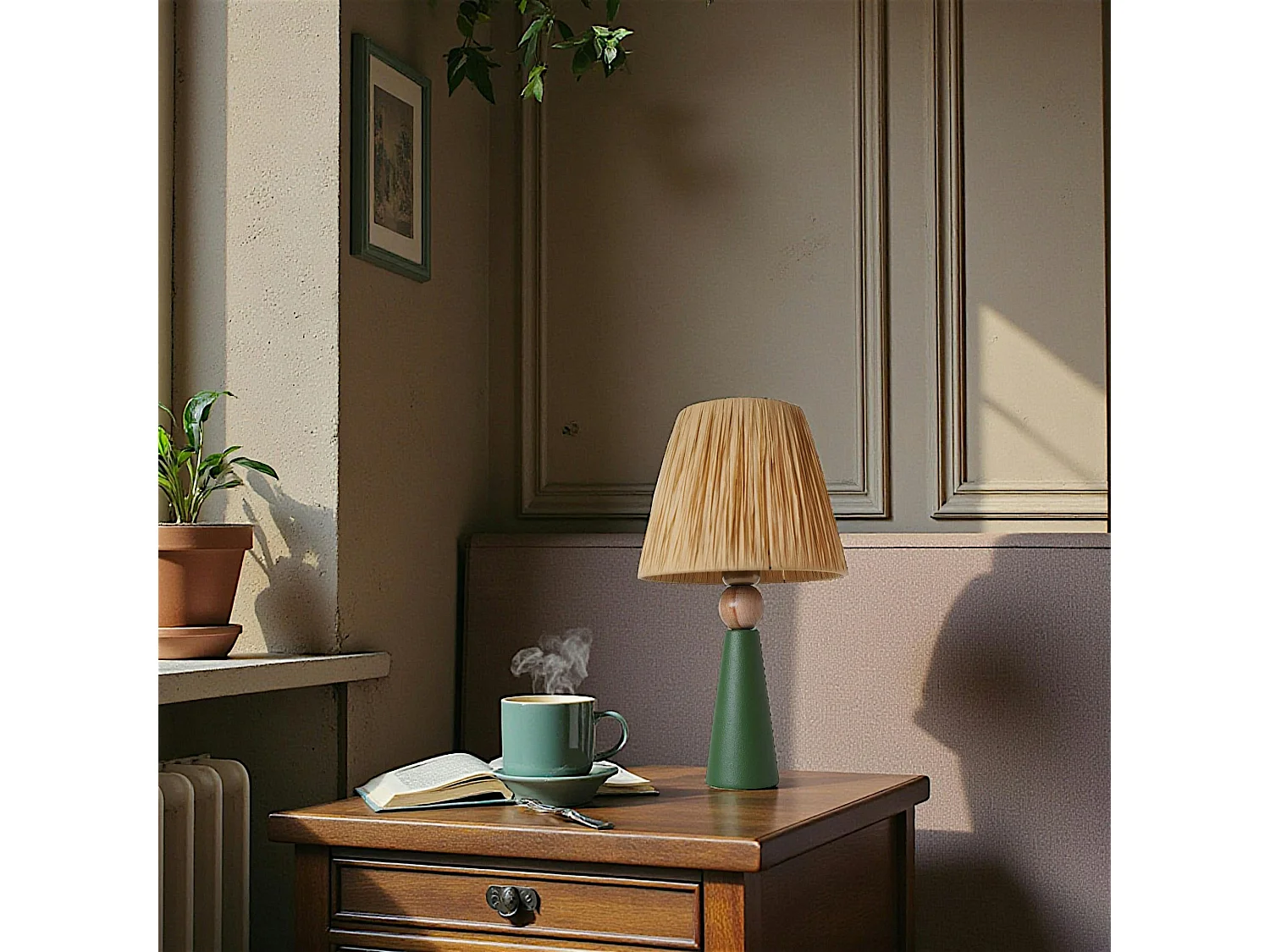 Lampe à poser rustique verte, abat-jour tissu plissé KARS