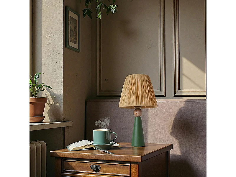 Lampe à poser rustique verte, abat-jour tissu plissé KARS