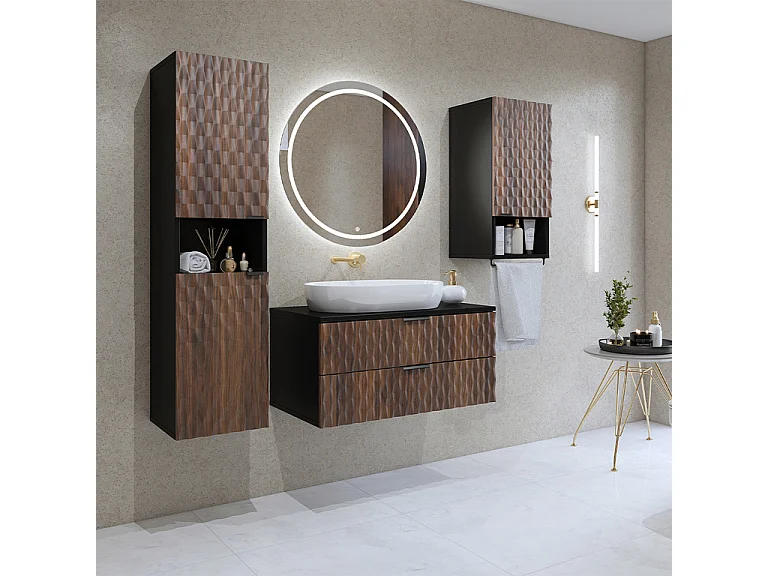 Ensemble meuble sous-vasque 80cm colonne et armoire Nevia Bois et Noir